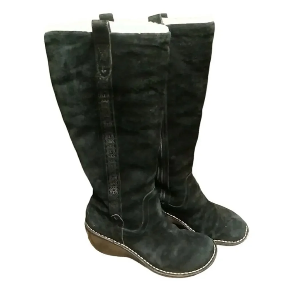 UGG Hartley Knee High Boots Black Suede & Sheep Skin Wedge S/N 3342 Size 7 M